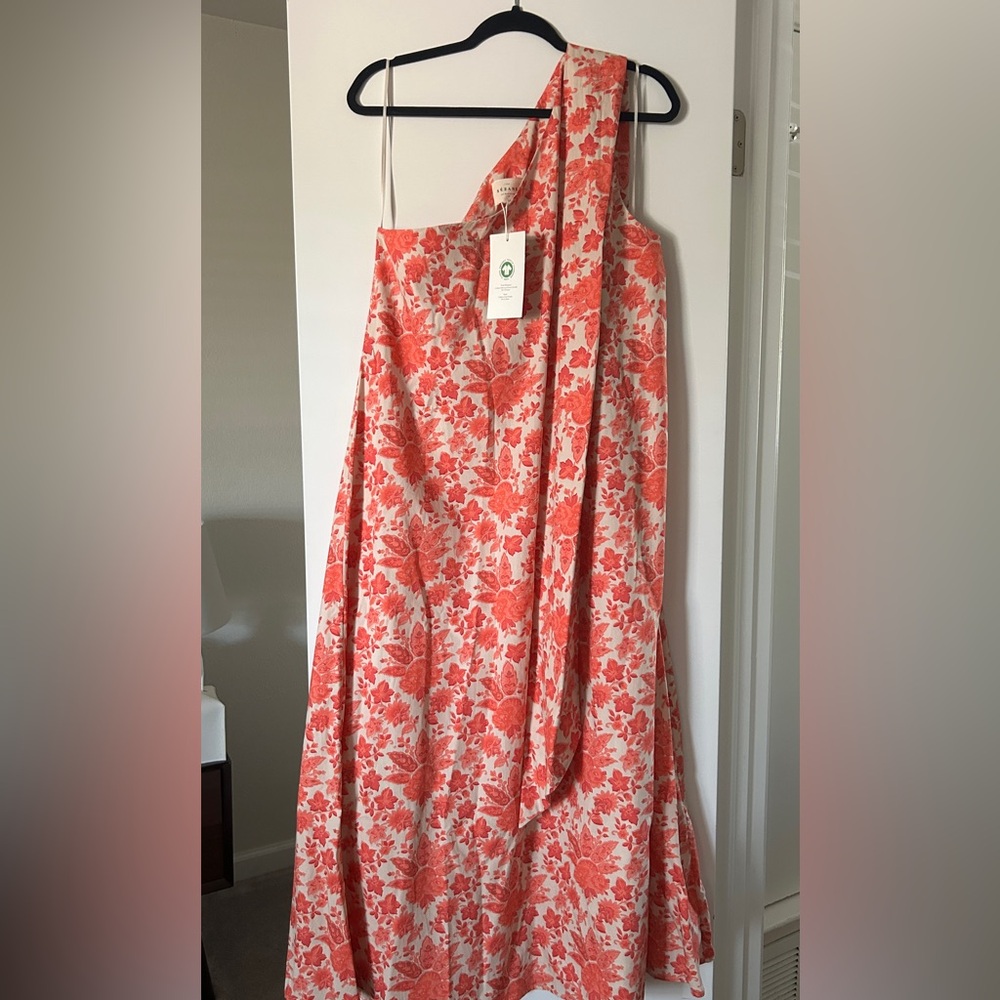 Sezane Coral and Cream One-Shoulder Floral Maxi Dress
